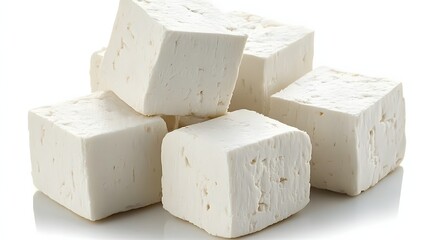 Assorted Cubes of Fresh Tofu on a White Surface for Culinary and Nutritional Purposes