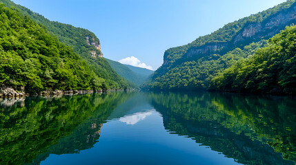 Obraz premium Serene River Landscape with Lush Green Reflections