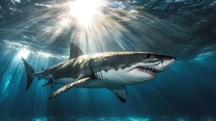 Fototapeta premium Great white shark swimming in sunlit ocean water