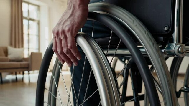 Close up slow motion of male hands holding wheelchair wheels, demonstrating navigation and mobility within a spacious, modern interior with large windows and comfortable seating