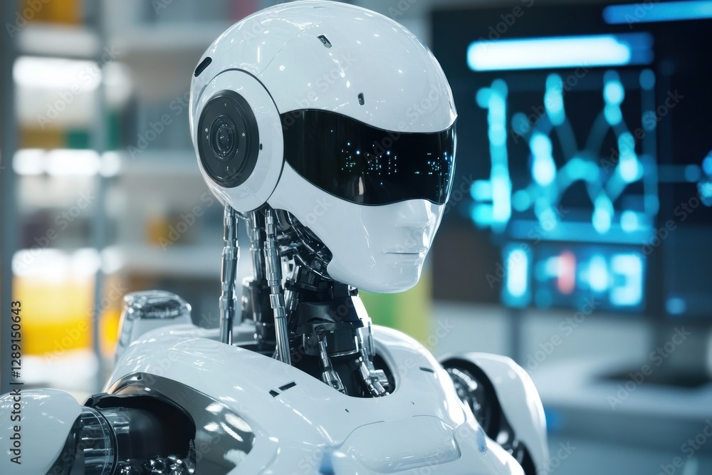 Poster advanced humanoid robot showcasing modern technology in a futuristic lab environment