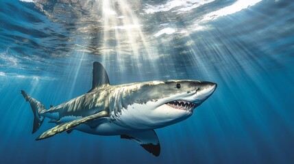 Fototapeta premium Great white shark swimming in sunlit ocean water