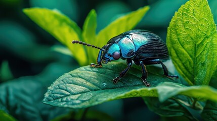 Naklejka premium Shimmering Blue Jewel Beetle in a Lush Green Forest Scene