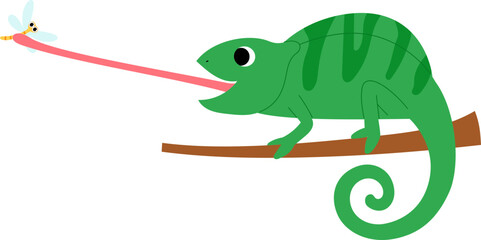 Fototapeta premium funny green chameleon cartoon catching a dragonfly with its tongue illustration