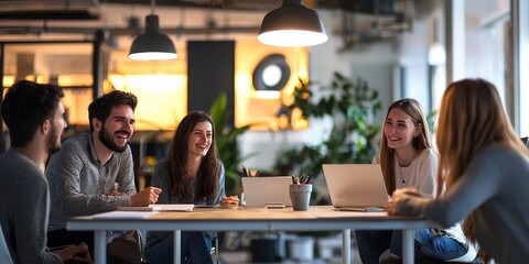 Collaborative Session: A team of young professionals engaged in a lively discussion around a table in a modern office space, fostering innovation and teamwork.