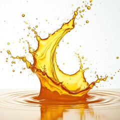 Photo of yellowish liquid splashing in the air isolated on white background. Sweet orange juice or honey beverage motion splash with water drops and circles on surface. Summer drink.