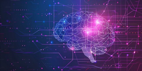 Stylized Brain Illuminated by Pink and Purple Lights with Circuit Patterns