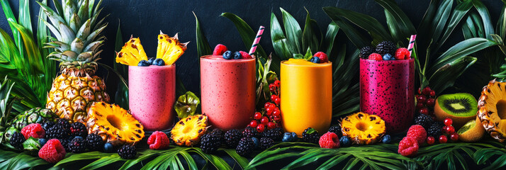 Fototapeta premium A delicious assortment of tropical fruits, including golden pineapple and juicy papaya, accompanied by vibrant smoothies in pink and orange, creating a refreshing and exotic dining experience, banner