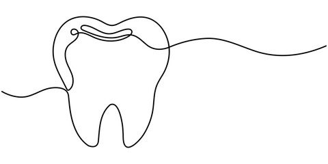 Vector continuous one simple single abstract line drawing of  tooth dental clinic and care concept, Single line drawing of a tooth, Single continuous line art anatomical human tooth silhouette. 
