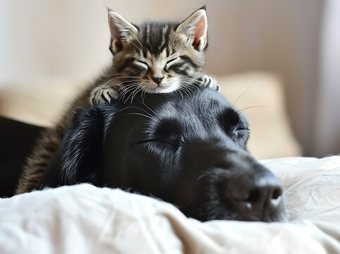 Playful Kitten Climbs onto Sleeping Dog's Head in a Humorous and Unexpected Moment