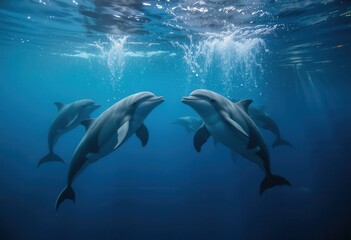 Dolphins swim gracefully in crystal clear ocean water