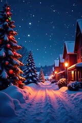 Snowy night with twinkling lights in a colorful Christmas scene, night, snow