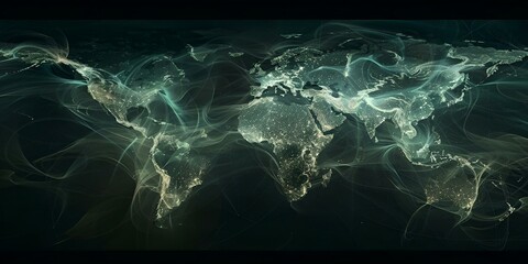 Glowing World Map with Light Patterns Representing Global Data Flow
