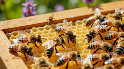 Honeybees communicating through dance on honeycomb, hive interaction