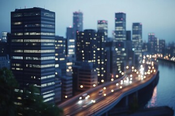 Stunning Panoramic Night View of a Vibrant Financial Hub with City Lights Reflecting on a Nearby River in a Captivating Urban Landscape