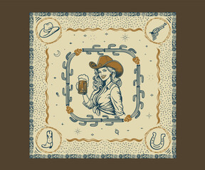 Western vintage cowgirl bandana design, Cowgirl in hat beer glass in hand vector illustration, Western desert vintage print design for t shirt, poster, graphic print