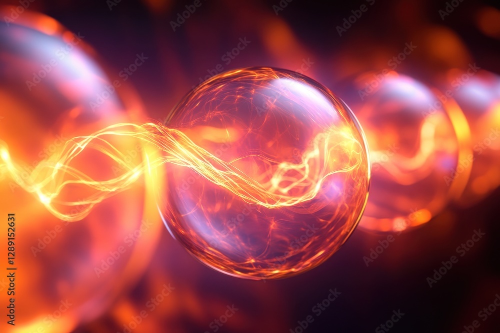 Poster energy forms and glowing spheres create a mesmerizing visual display in a dark setting