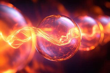 Energy forms and glowing spheres create a mesmerizing visual display in a dark setting