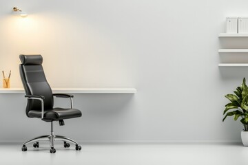 Sleek office interior showcases modern black chair, minimalist d