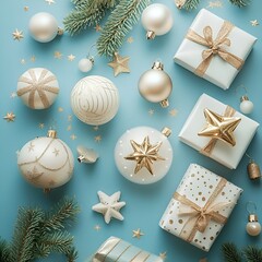 Festive Gold and White Christmas Ornaments and Gift Boxes on Blue Background