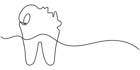 Vector continuous one simple single abstract line drawing of  tooth dental clinic and care concept, Single line drawing of a tooth, Single continuous line art anatomical human tooth silhouette. 