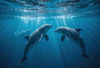 Obraz premium Dolphins swimming gracefully in sunlit underwater environment