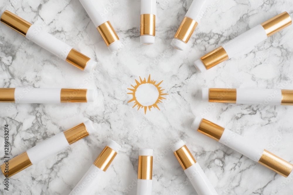 Poster symmetrical arrangement of vials on a marble surface with soft reflections captured from above in hi