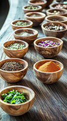 Fototapeta premium A rustic setting featuring various wooden bowls filled with Indian spices like cumin, turmeric, and coriander, set against a textured wooden backdrop, offering a rich, traditional atmosphere