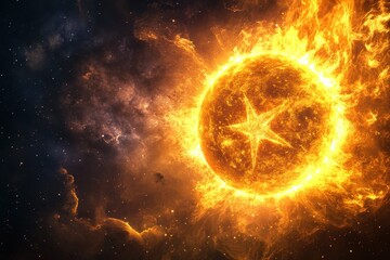 Obraz premium Bright star glowing in the dark universe amidst glowing solar flares and cosmic dust