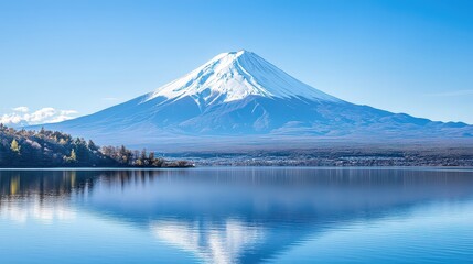 Clear frontal shot of Mt. Fuji's snow-covered peak, standing tall against a bright, cloudless sky, with a foreground of tranquil lakeside scenery.