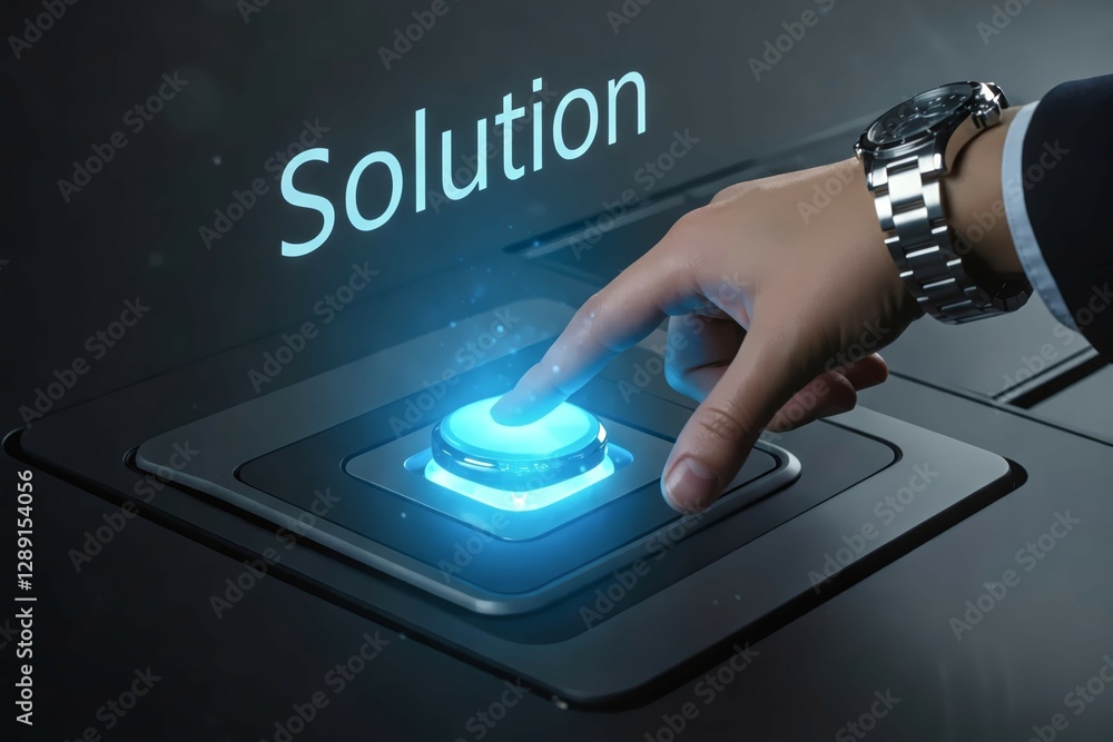 Poster **digital solution: empowering innovation** - a close-up view of a hand poised to press a glowing bu