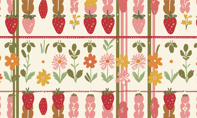 Modern vector illustration of a seamless floral and strawberry pattern, easily editable © TrustMaker Design
