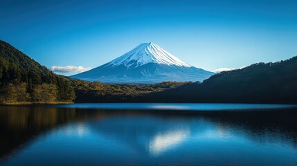 Clear frontal shot of Mt. Fuji's snow-covered peak, standing tall against a bright, cloudless sky, with a foreground of tranquil lakeside scenery.