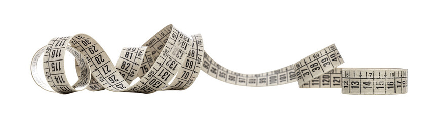 Measuring tape curled and showing numbers on transparent background
