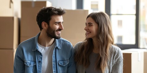 Naklejka premium New Home Bliss: A happy couple shares a loving moment, smiling at each other amidst cardboard boxes in their new home. The image reflects the start of their next chapter.