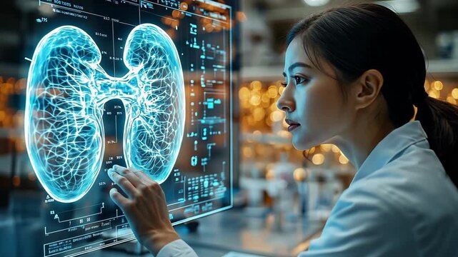 female doctor holding x ray, human kidney examination, doctor examining kidneys on monitor