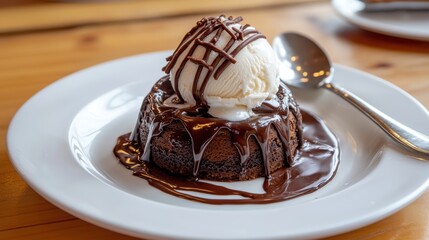 Warm chocolate lava cake topped with melting vanilla ice cream, drizzled with rich chocolate sauce, served on a white plate with a spoon
