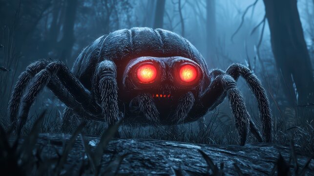 Terrifying Krasue Creature with Glowing Eyes in Spooky Midnight Forest