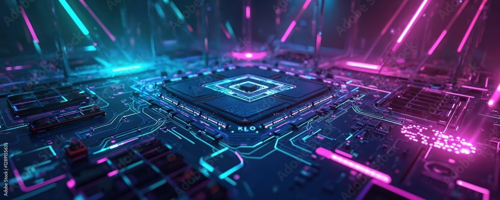 Poster neon gaming background featuring sharp angular shapes, circuit board patterns in electric blue, purp