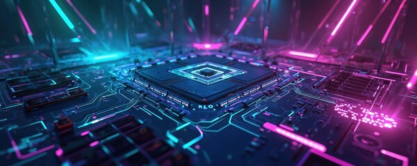 Neon gaming background featuring sharp angular shapes, circuit board patterns in electric blue, purple. Tech wallpaper generated image. Vibrant cyberspace electronic digital display graphic.