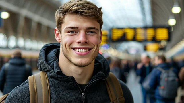 A confident young man at a busy train station with commuters