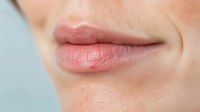 Woman, close up lips with cold sore. Macro. Health condition, medical content.