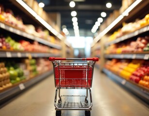 Red shopping cart in brightly lit grocery aisle. Retail environment for customers. Food store showcase of fresh produce selection. Supermarket layout, shopper purchase with discount prices, client