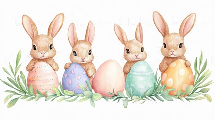 Charming Watercolor Bunnies with Easter Eggs and Greenery Decoration