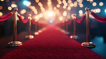 Elegant red carpet event with velvet ropes and soft bokeh lights background
