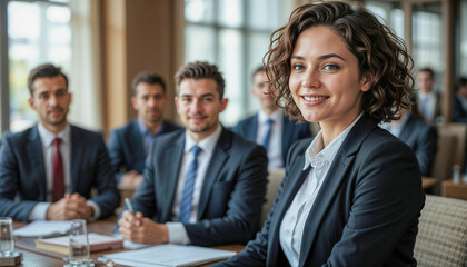 A woman in a business suit is smiling at the camera
