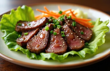 Grilled marinated beef served on lettuce wraps with carrot garnish. Succulent juicy flavorful tender slices with sesame seeds. Traditional Korean Bulgogi dish with delicious taste, aroma.