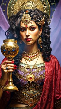 A woman dressed in purple and scarlet holding a golden cup Biblical Revelation prophecies vertical video 4K
