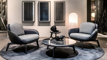Stylish Modern Seating Arrangement with Textured Chairs and Glass Table in Sophisticated Living Room
