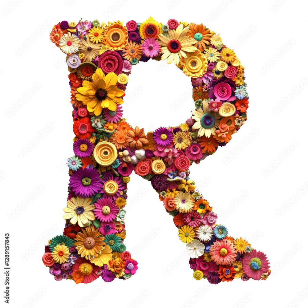 Poster colorful flower letter design isolated on a transparent background for creative projects and designs